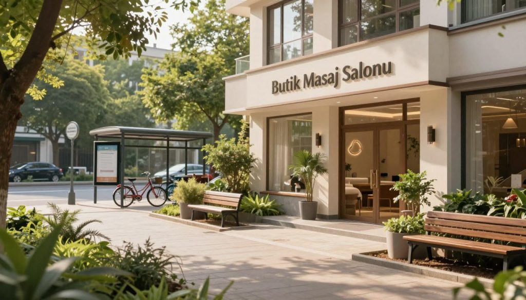 A serene and modern massage salon exterior, featuring "Butik Masaj Salonu" prominently displayed on the front. In the foreground, a well-maintained pathway leads towards the entrance, lined with lush greenery and inviting benches. In the middle ground, various transportation options are depicted, including a nearby bus stop and bicycles parked, showcasing accessibility. The background reveals a peaceful urban setting with soft sunlight filtering through the trees, enhancing the tranquil atmosphere. Shot from a low angle to emphasize the welcoming entrance, using warm, natural lighting to create a soothing mood. Overall, the image should portray a sense of ease and convenience in reaching the massage salon, reflecting the importance of transportation options.
