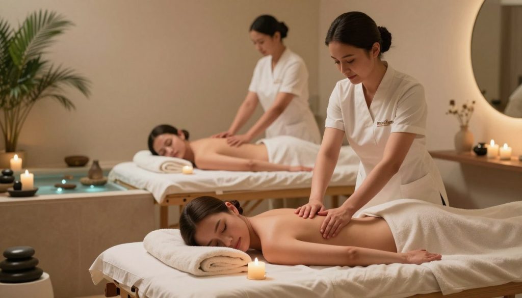 A serene and peaceful spa setting representing various massage techniques offered at "Butik Masaj Salonu." In the foreground, display a comfortable massage bed, adorned with soft, fluffy towels and aromatic candles. The middle layer highlights a skilled therapist in professional attire, demonstrating a soothing massage technique, surrounded by a tranquil atmosphere enhanced by soft, ambient lighting. The background features calming elements like plants, decorative stones, and gentle water features that create a refreshing and relaxing vibe. The overall mood is one of tranquility and relaxation, capturing the essence of different massage types with a focus on wellness and rejuvenation. Ensure the lighting is warm and inviting, with a slight focus on the therapist and the massage bed to showcase the techniques effectively.