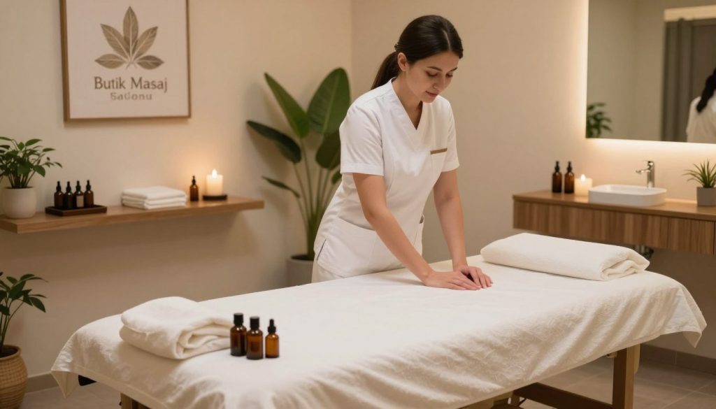 A serene and soothing interior of a massage salon named "Butik Masaj Salonu", showcasing immaculate hygiene standards. In the foreground, a neatly arranged massage table with a soft, clean sheet and aromatic essential oils set nearby. In the middle, a therapist in professional attire, such as a crisp white uniform, demonstrating proper technique or preparing the area with care. The background features calming decor like artful plants, soft lighting with warm tones, and neatly organized supplies that emphasize cleanliness. The atmosphere is tranquil, inviting relaxation, and showcasing the importance of hygiene in a massage setting. Use soft, diffused lighting to enhance the soothing mood and create a welcoming ambiance. The angle should be slightly elevated to capture the entire setup effectively.