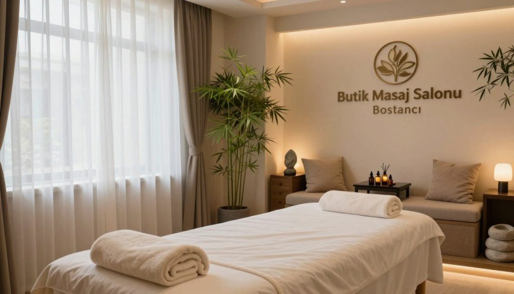 A serene and upscale spa center scene at "Butik Masaj Salonu" in Bostancı, showcasing a relaxing environment. In the foreground, a tranquil massage room with soft natural lighting filtering through sheer curtains, highlighting a luxurious massage table adorned with plush towels and soothing essential oils. In the middle, a well-organized area with calming decor, featuring bamboo plants and elegant stone accents that add to the ambiance of relaxation. In the background, a peaceful waiting area with cozy seating, soft cushions, and gentle ambient light. The overall mood is calm and inviting, evoking a sense of peace and rejuvenation, perfect for visitors seeking a soothing massage experience.