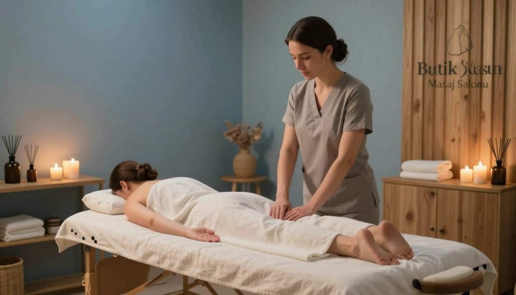 A serene and welcoming individual therapy massage salon setting, showcasing a cozy treatment room designed for a personal therapist session. In the foreground, a comfortable massage table is draped with soft linens, surrounded by calming elements like candles and essential oil diffusers. In the middle, a professional therapist in modest casual clothing stands attentively beside the table, preparing for a session, displaying a calm and caring demeanor. The background features warm lighting and calming colors, like soft blues and natural wood accents, creating a tranquil atmosphere. The brand name “Butik Masaj Salonu” is subtly placed within the decor but not emphasized. The overall mood is relaxing and inviting, perfect for a therapeutic experience.