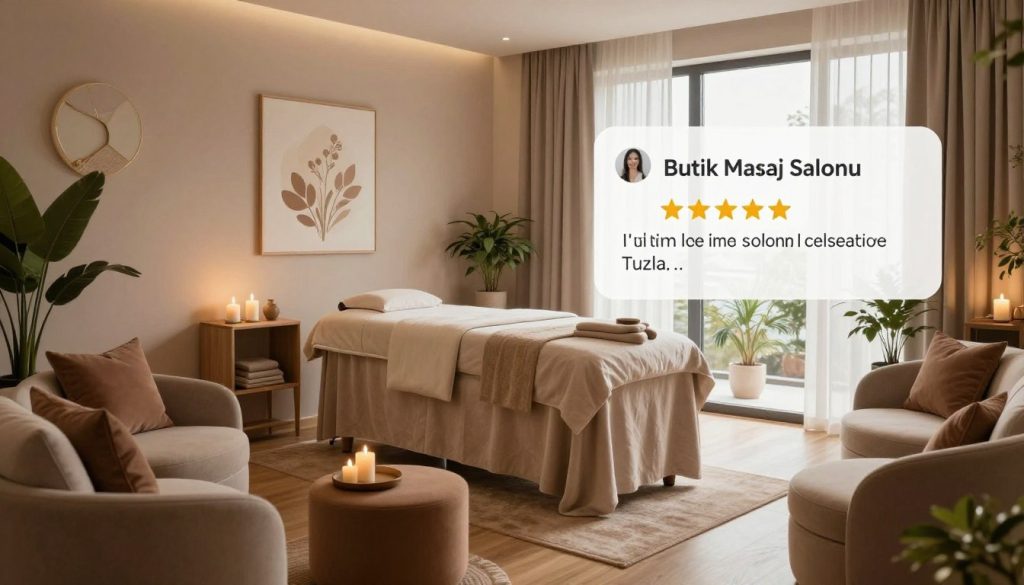 A serene and welcoming interior of a high-quality massage salon named "Butik Masaj Salonu" in Tuzla. The foreground features a calm waiting area with stylish, comfortable furniture in soft earth tones, ambient soft lighting casting a warm glow. In the middle, a massage room is visible with a plush massage table covered in soft linens, surrounded by elegant decor such as candles, plants, and soothing artwork. The background shows large windows with natural light filtering in, enhancing the tranquil atmosphere. The scene symbolizes relaxation and rejuvenation, perfect for showcasing local reviews and evaluations. The overall mood is peaceful and inviting, encouraging visitors to consider local testimonials and experiences.
