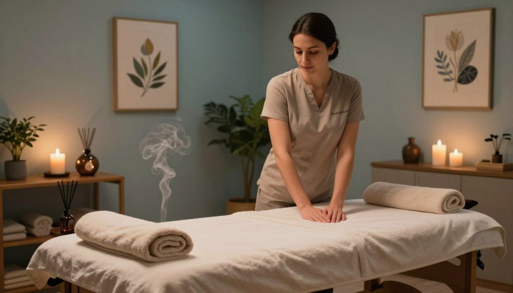 A serene and welcoming massage salon scene, featuring a cozy treatment room with soft, ambient lighting that casts a warm glow. In the foreground, a neatly arranged massage table is covered with fresh towels and scented candles. A calming essential oil diffuser emits gentle wisps of aromatic steam. In the middle, a professional massage therapist in modest casual clothing prepares the area, showcasing a sense of care and professionalism. The background features calming artwork, plants, and a soothing color palette of soft blues and earthy tones. The overall mood is peaceful and inviting, inviting first-time clients to relax and enjoy the experience. Include the brand name "Butik Masaj Salonu" subtly integrated into the decor.