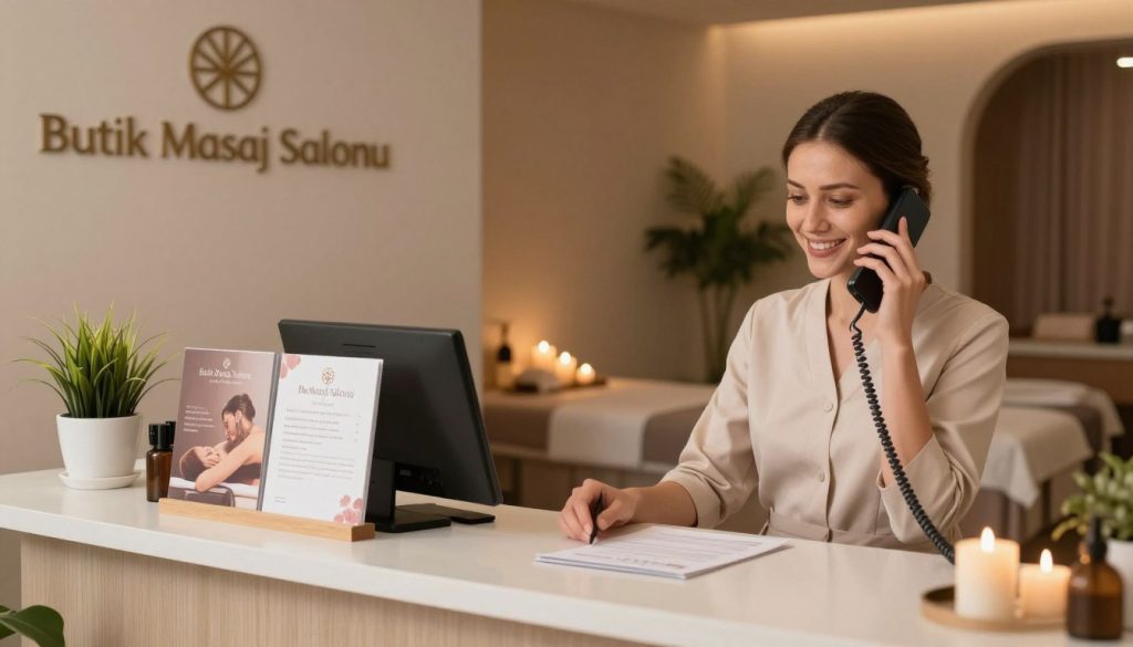 A serene and welcoming scene of a massage appointment booking process at Butik Masaj Salonu. In the foreground, a professional, well-dressed receptionist is smiling while talking on a phone, surrounded by soothing decor with soft lighting. In the middle, there is a modern reception desk with elegant brochures about massage therapies neatly displayed. Soft colors dominate the scene, creating a calm atmosphere. In the background, a glimpse of the massage rooms can be seen, featuring tranquil settings with dimmed lights and relaxing elements like candles and plants. The overall mood is peaceful and inviting, emphasizing professionalism and comfort.