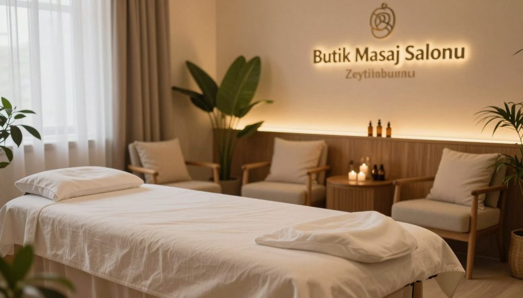 A serene interior of "Butik Masaj Salonu" in Zeytinburnu, showcasing relaxing massage therapy rooms. The foreground features a beautifully arranged massage table with soft white linens and calming essential oils. In the middle, cozy chairs with plush cushions invite relaxation, surrounded by indoor plants that add a touch of nature. The background displays soothing, ambient lighting in warm tones, with wooden accents enhancing a tranquil atmosphere. Soft, diffused light filters through sheer curtains, creating a peaceful glow. The setting is devoid of any people, focusing on the calm beauty of the space. The overall mood is serene and inviting, perfect for those looking for a revitalizing escape in Zeytinburnu.