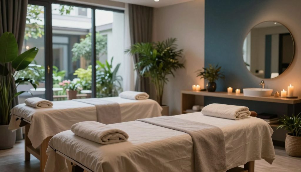 A serene interior of a Kadıköy spa and massage center, showcasing a harmonious blend of modern elegance and tranquil design. In the foreground, a beautifully arranged massage area featuring a comfortable massage table draped in soft linens. Gentle candles flicker, casting a warm glow, while lush green plants add a touch of nature. In the middle, minimalist decor with soothing colors, including earthy tones and calming blues, enhance the spa atmosphere. The background highlights large windows letting in natural light, offering views of a peaceful garden. Soft, ambient lighting creates a relaxing mood, ideal for wellness and serenity. Capture the essence of relaxation and rejuvenation in this peaceful environment, emphasizing calm and comfort.