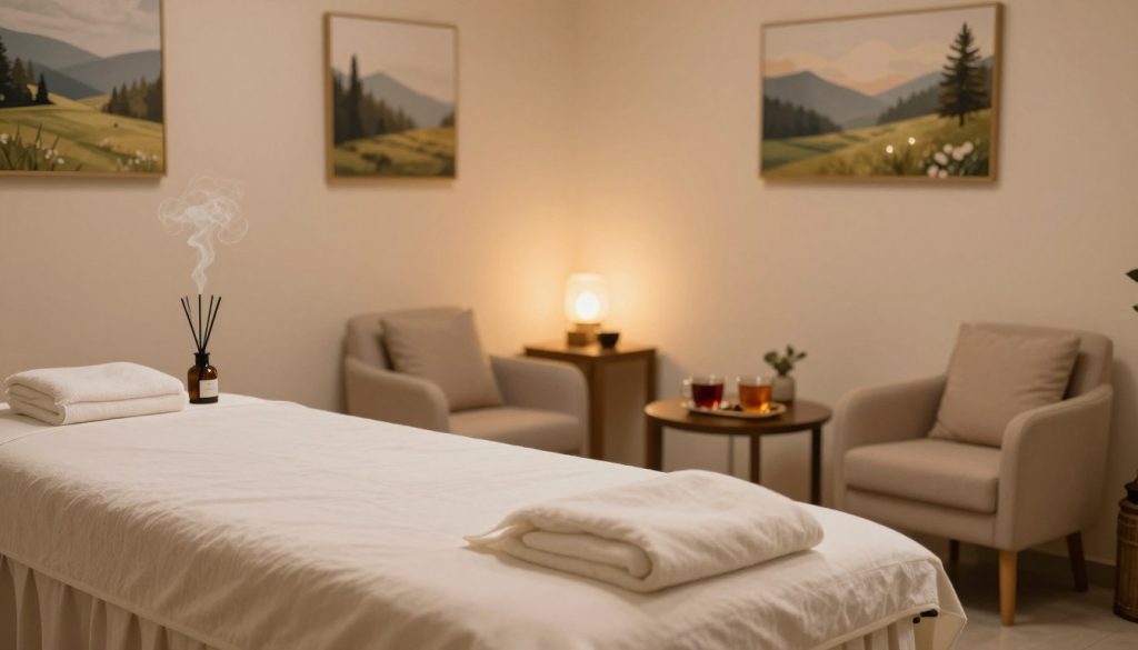 A serene interior of a massage salon named "Butik Masaj Salonu" in Maltepe, showcasing a tranquil and inviting atmosphere. In the foreground, a well-appointed massage table draped in soft linens, surrounded by calming essential oil diffusers emitting gentle wisps of aromatic steam. In the middle, a cozy seating area with plush chairs and a small table adorned with relaxing herbal teas, while warm, ambient lighting casts a soothing glow throughout the space. The background features delicate wall art depicting natural landscapes and soft colors that enhance the calm vibe. Capture this scene from a slight angle to create depth, using a soft focus lens to provide a dreamlike quality, evoking feelings of relaxation and escape.