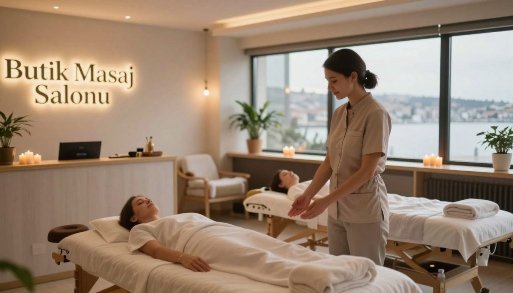 A serene interior of a massage salon named "Butik Masaj Salonu", showcasing a welcoming reception area with soft, ambient lighting. In the foreground, a professional staff member in modest casual clothing greets a customer, conveying warmth and professionalism. The middle section includes comfortably arranged massage beds adorned with soft towels, and calming elements like candles and plants creating a tranquil atmosphere. In the background, large windows reveal a picturesque view of Zeytinburnu, hinting at the importance of location and accessibility. The overall mood is soothing and inviting, with a soft focus lens effect that creates a peaceful ambiance, encouraging relaxation and serenity before the massage experience begins.