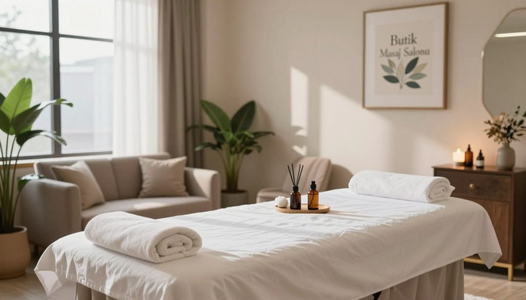 A serene interior of a massage salon named "Butik Masaj Salonu," showcasing high hygiene standards. In the foreground, a clean, well-presented massage table draped with crisp linens, surrounded by fresh towels and aromatherapy oils. The middle ground features a calm, inviting waiting area with comfortable seating, soft ambient lighting, and decorative plants that create a tranquil atmosphere. The background reveals tasteful artwork and elegant decor, enhancing the soothing vibe. Natural light streams through large windows, casting gentle shadows. The overall mood is peaceful and professional, emphasizing cleanliness and relaxation in a welcoming environment. Avoid any human figures to keep the focus on the serene setting.