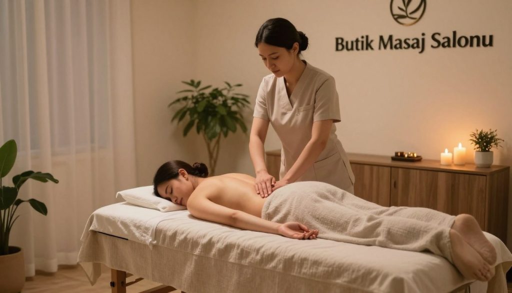 A serene interior of a massage therapy center, named "Butik Masaj Salonu", showcasing the health benefits of massage therapy. In the foreground, a soothing massage table draped with soft, neutral-colored linens. Gentle lighting casts a warm glow across the room, enhancing relaxation. In the middle, a skilled massage therapist in professional business attire is seen performing a soothing back massage on a client, dressed modestly in comfortable clothing. In the background, calming elements such as indoor plants, candles flickering softly, and soft natural textures on the walls create a tranquil ambiance. The mood is peaceful and restorative, symbolizing wellness and relaxation, capturing the essence of massage therapy’s health benefits. The image conveys tranquility and professional care, set in an inviting space.