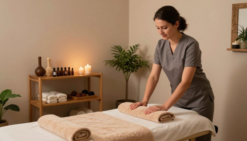 A serene interior of a professional massage therapy room at Butik Masaj Salonu, showcasing a clean, calming atmosphere. In the foreground, a friendly therapist in smart casual attire is preparing a massage bed with soft, warm towels. The middle section features various massage tools and essential oils neatly displayed on a wooden shelf, creating an inviting ambiance. The background includes soothing decorations like plants and softly lit candles, enhancing the relaxing environment. The warm, diffused lighting casts gentle shadows, setting a tranquil mood. The composition should be captured from a slightly elevated angle, providing a comprehensive view of the space without any people appearing in compromising poses. The overall feeling is one of peace and professionalism, inviting patrons to experience healing through massage techniques.