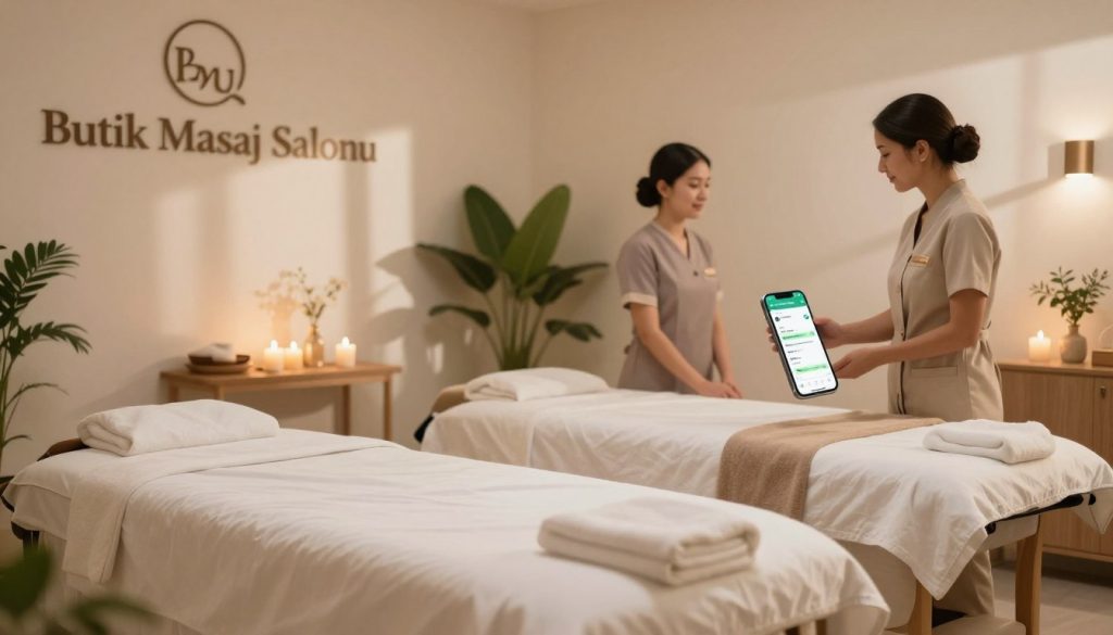 A serene massage salon interior, featuring a calming atmosphere with soft, warm lighting casting gentle shadows. The foreground includes a beautifully arranged massage table with plush white linens and aromatic candles. In the background, elegant plants and soft textiles create a peaceful ambiance. The scene symbolizes WhatsApp reservation services, incorporating subtle visual elements like a smartphone displaying a chat interface, alluding to communication. Professional staff members, dressed in modest, smart uniforms, interact with clients in a welcoming manner. The brand name "Butik Masaj Salonu" is elegantly displayed on the wall, blending seamlessly into the decor. The overall mood should be tranquil and inviting, ideal for relaxation and rejuvenation.
