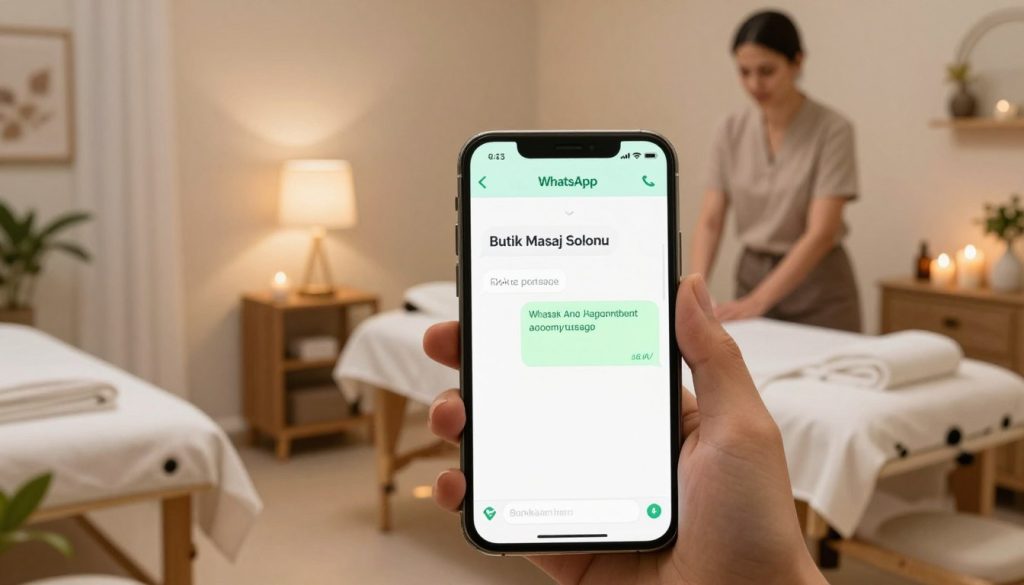 A serene massage salon setting showcasing the WhatsApp appointment process. In the foreground, a professional-looking smartphone displays the WhatsApp interface with a chat open to "Butik Masaj Salonu," featuring a friendly message about booking an appointment. The middle layer depicts a welcoming massage room with calming colors, soft lighting emitted from elegant lamps, and subtle decorations like plants and candles that create a tranquil atmosphere. In the background, a well-groomed employee in modest business attire prepares a cozy massage table, adding to the ambiance. The scene conveys a sense of relaxation, professionalism, and ease of communication, inviting viewers to understand the direct connection between clients and the salon through WhatsApp.