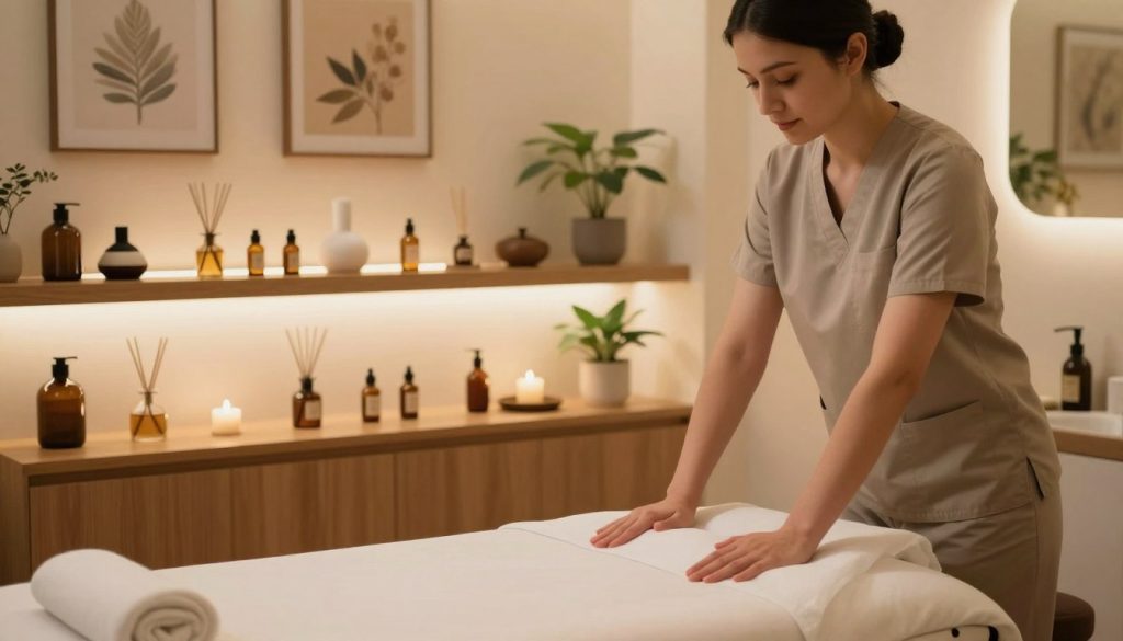 A serene massage therapy center located in Avrupa Yakası, featuring a cozy and inviting ambiance. In the foreground, a professional massage therapist in smart casual attire is gently preparing a massage table, accentuated by soft, warm lighting. The middle layer showcases a variety of massage oils and soothing aroma diffusers, arranged artistically on a wooden shelf. In the background, calming artwork and natural elements like potted plants create a tranquil environment. The overall mood is peaceful and relaxing, emphasizing comfort and wellness. Use a soft focus lens to create a sense of warmth, with a slight bokeh effect on the background to enhance the serene atmosphere.
