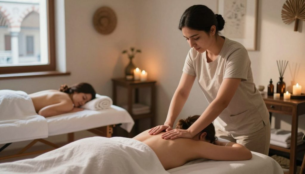 A serene massage therapy environment in Istanbul, showcasing various types of massages and their benefits. In the foreground, a professional therapist in modest casual clothing is gently administering a relaxing massage to a client on a comfortable massage table. The middle ground features soothing elements like candles, aromatherapy oils, and soft towels, creating a peaceful ambiance. In the background, there are traditional Istanbul architectural elements visible through a window, with soft sunlight filtering in, casting warm tones throughout the room. The overall mood is calm and inviting, emphasizing wellness and relaxation, with a focus on the therapeutic nature of the massage experience. The composition should highlight clarity and warmth, inviting viewers into this tranquil setting.