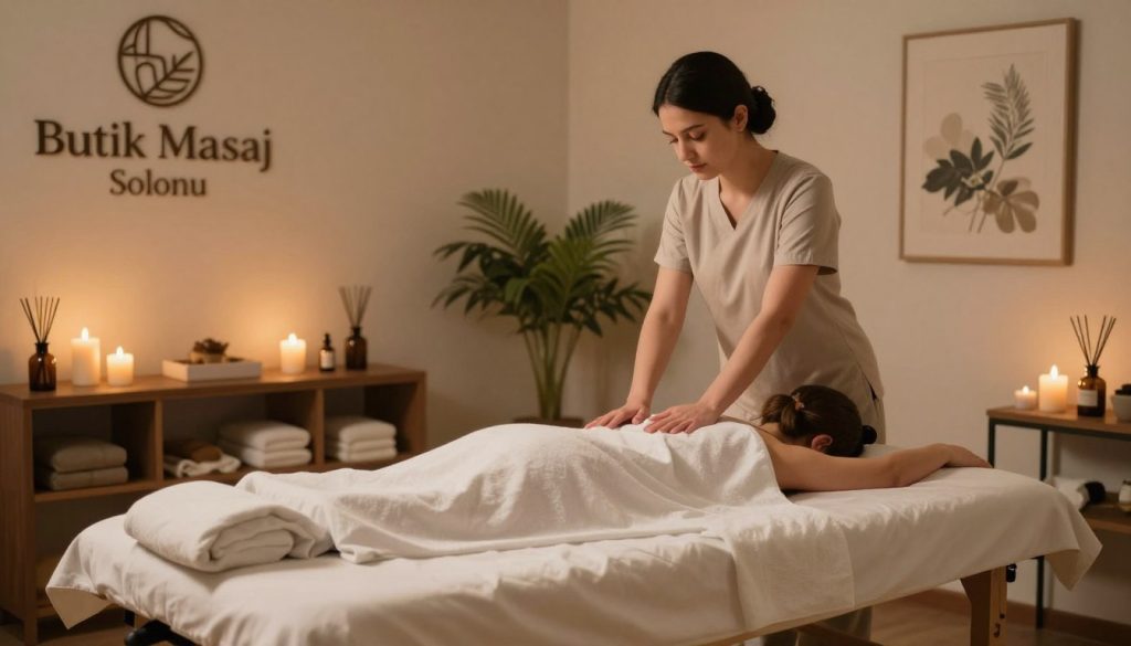 A serene massage therapy room at "Butik Masaj Salonu," showcasing a cozy atmosphere filled with soft, warm lighting. In the foreground, a massage table is neatly prepared with fresh linens, surrounded by calming candles and essential oil diffusers. In the middle ground, a therapist in modest casual clothing is demonstrating gentle relaxation techniques, such as soft stretches or guided breathing, emphasizing a professional and tranquil approach. The background features soothing elements like indoor plants and calming artwork on the walls, enhancing the spa-like environment. The overall mood is peaceful and inviting, conveying the essence of relaxation and well-being, captured from a slight angle to create depth in the composition.