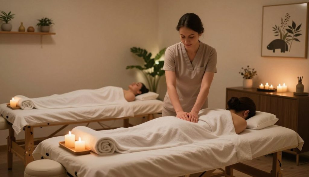 A serene massage therapy room in Şişli, showcasing a variety of affordable massage treatment options. In the foreground, a neatly arranged massage table adorned with soft linens and soothing candles, exuding a calming light. In the middle, a professional masseuse in modest, professional attire, demonstrating a relaxing massage technique on a client covered appropriately, emphasizing comfort and tranquility. The background features soft, ambient lighting with peaceful decorations like plants and artwork that evoke a soothing atmosphere. The scene should depict a welcoming spa environment that suggests affordable yet high-quality services, with a warm color palette that enhances the mood of relaxation and self-care.