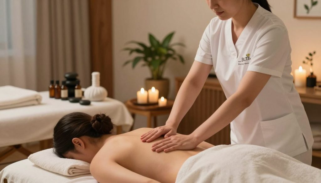 A serene massage therapy scene depicting various massage techniques. In the foreground, a therapist in a professional white uniform gently performing a Swedish massage on a client lying on a massage table, surrounded by soft, calming lighting. The middle ground features essential oil bottles, massage stones, and soothing candles, creating an inviting atmosphere. In the background, a tranquil room with wooden accents, soft green plants, and subtle ambient light enhances the sense of relaxation. The overall mood is peaceful and restorative, emphasizing the benefits of massage therapy. The branding "Butik Masaj Salonu" is subtly integrated into the decor, maintaining professionalism. The image should be warm-toned, with a focus on balance and tranquility.