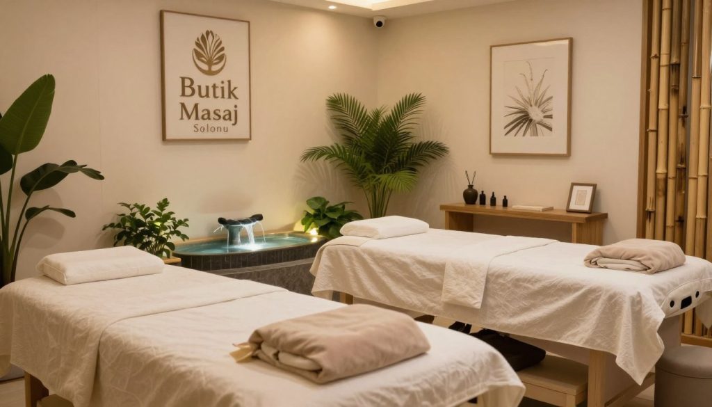 A serene, peaceful interior of a massage therapy center named "Butik Masaj Salonu" in Taksim. In the foreground, showcase plush massage tables adorned with soft, clean linens and inviting cushions, highlighting attention to detail and cleanliness. In the middle ground, a calming water feature softly trickles, surrounded by lush green plants that enhance the tranquil atmosphere. Soft, ambient lighting casts a warm glow, creating a soothing mood. The background features elegant decor, with minimalist art on the walls and bamboo accents that symbolize relaxation. The overall scene reflects high hygiene standards and an inviting environment for clients seeking rejuvenation and comfort. Capture the essence of a premium wellness experience in a professional setting.
