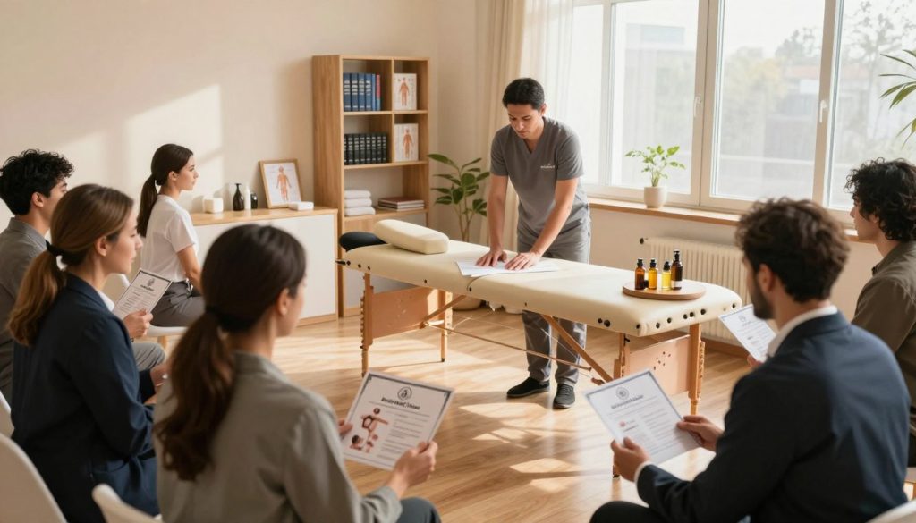 A serene, professional setting depicting a certificate training session for expert massage therapists at "Butik Masaj Salonu". In the foreground, a diverse group of well-dressed individuals, men and women, engaged in attentive discussions while examining massage technique diagrams. The middle ground showcases a trainer demonstrating techniques on a massage table, with essential tools like oils and lotions neatly arranged nearby. In the background, softly lit classroom elements, such as shelves of reference books on anatomy and wellness, enhance the educational atmosphere. Warm, natural lighting filters through large windows, casting gentle shadows and creating a calm, inviting ambiance suitable for learning. The overall mood is one of professionalism and dedication to mastery in massage therapy.