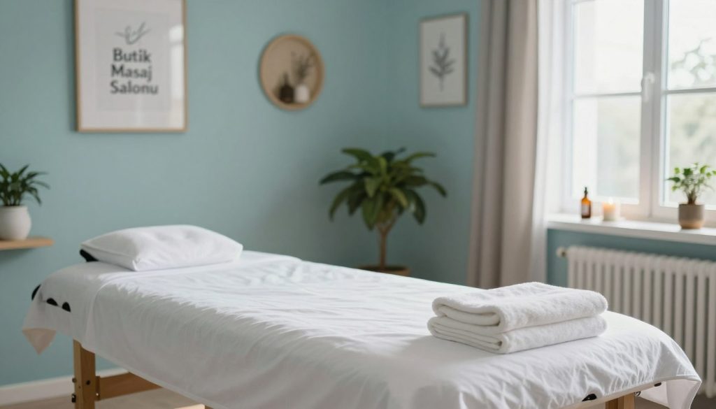 A serene scene depicting the interior of "Butik Masaj Salonu," emphasizing cleanliness and a tranquil atmosphere. In the foreground, a neatly arranged massage table with crisp, white linens and plush towels. In the middle ground, a soothing color palette of soft blues and greens, with tasteful decorations like plants and calming artwork adorning the walls. The background features large windows allowing natural light to pour in, creating a warm, inviting feel. The lighting is soft and diffused, enhancing the relaxing ambiance. Subtle elements like aromatherapy candles and essential oil bottles add to the overall feeling of serenity, reflecting the high standards of hygiene and care in a professional massage salon setting.