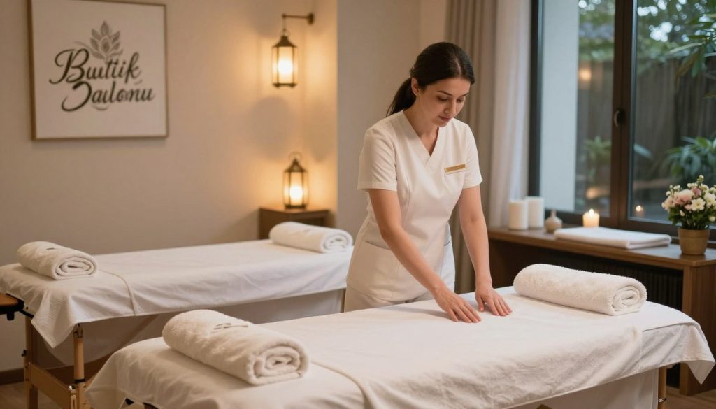 A serene scene depicting the interior of a massage salon named "Butik Masaj Salonu," nestled in Sarıyer. In the foreground, a beautifully arranged therapy room with soft, ambient lighting and calming colors. A neatly made massage table is central, adorned with plush towels and gentle flower arrangements. In the middle, an attentive therapist wearing professional attire, gently preparing the space for a treatment, creating a welcoming atmosphere. The background showcases tranquil elements, such as dimmed lanterns, soothing art on the walls, and hints of relaxing greenery visible through large windows. The overall mood is calm, inviting, and professional, ideal for a peaceful day of relaxation.