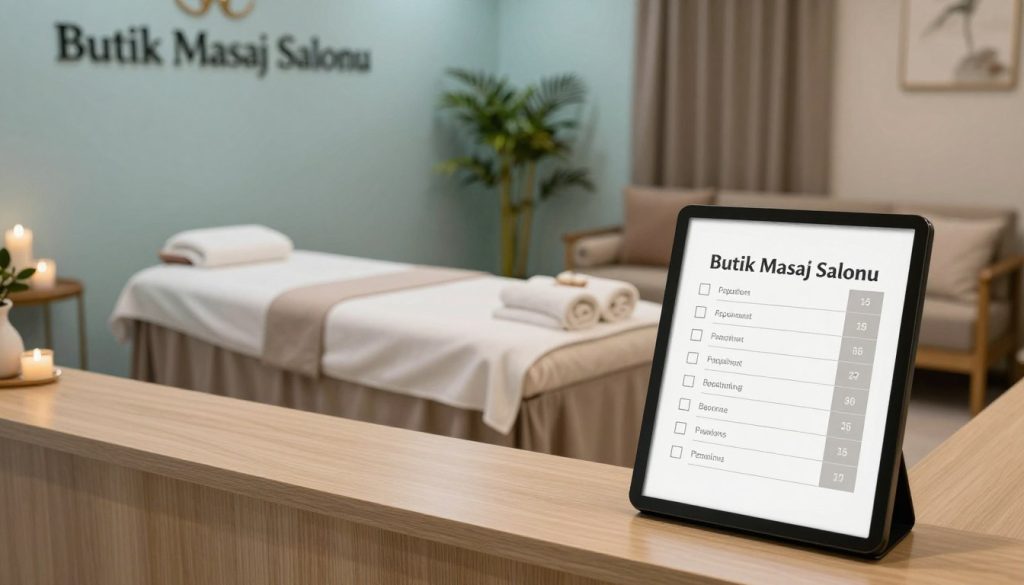 A serene spa environment depicting "Butik Masaj Salonu," featuring an elegant reception area with a stylish appointment system in the foreground. Soft lighting enhances the calming atmosphere, highlighting soothing colors like light blues and earthy tones. In the middle ground, a tranquil massage room is visible, complete with a massage table, fresh towels, and gentle decorative elements like candles and bamboo plants. The background showcases a cozy waiting area with comfortable seating, emphasizing relaxation. The image is captured from a slightly elevated angle, creating depth, while maintaining a professional and inviting mood suitable for a premium spa experience. No people are present, allowing the environment to speak for itself.