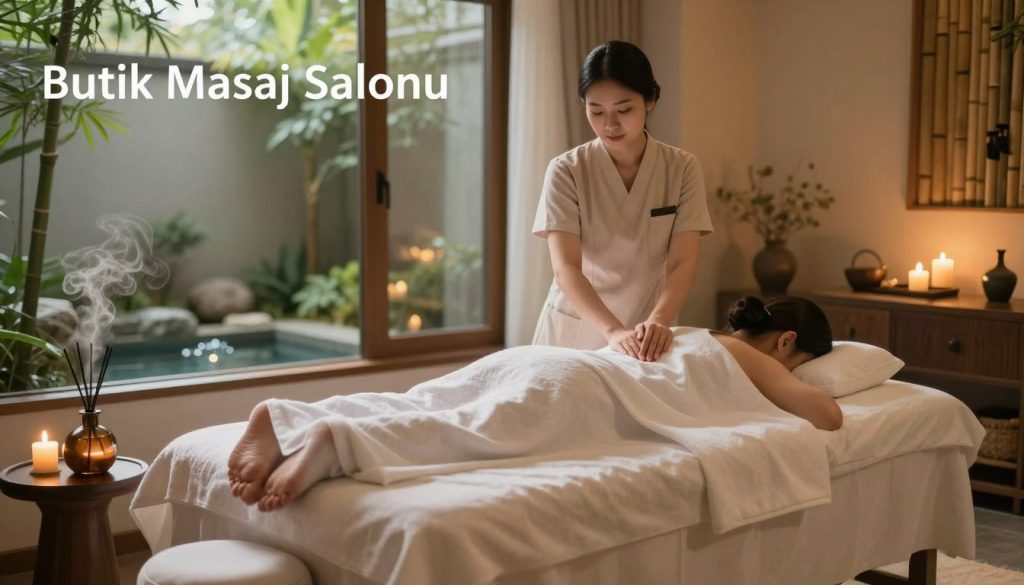 A serene spa environment showcasing "Butik Masaj Salonu" with luxurious wellness experiences. In the foreground, a tranquil massage room featuring a plush massage table adorned with soft white linens. A calming essential oil diffuser emits gentle vapor, while warm candlelight flickers softly, creating a soothing atmosphere. In the middle, a skillful therapist, dressed in modest professional attire, gently massages a client, who is relaxed and covered appropriately. The background reveals a beautiful, well-lit spa area with greenery, bamboo decor, and serene water features that enhance the feeling of tranquility. Soft natural light filters in through large windows, casting a warm glow over the entire scene, evoking a sense of peace and relaxation.