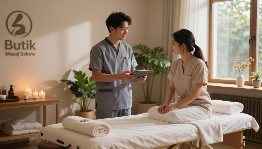 A serene spa environment showcasing a calm and inviting atmosphere to illustrate the concept of choosing the right massage setting. In the foreground, a cozy massage room featuring a professional massage table, soft towels, and aromatic candles creates an inviting ambiance. In the middle, a well-dressed male and female therapist discuss options with a client, all wearing professional attire. The background shows a peaceful setting with plants and soft lighting, suggesting tranquility. Natural light filters through a window, casting gentle shadows and enhancing the serene mood. Incorporate the brand name "Butik Masaj Salonu" subtly in the decoration of the room. The overall feeling should evoke relaxation and professionalism, ideal for readers considering their massage options.