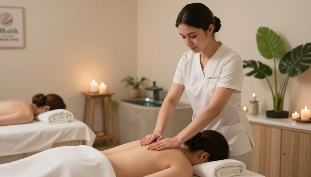 A serene spa environment showcasing the benefits of massage therapy for physical relaxation. In the foreground, a therapist in professional attire is gently massaging a client's shoulders, both appearing calm and at ease. The middle ground features a cozy treatment room adorned with soft, neutral colors, ambient lighting, and aromatic candles that evoke a tranquil atmosphere. In the background, soothing elements like a small indoor water fountain and lush greenery enhance the feeling of relaxation. The lighting is soft and warm, creating a welcoming and peaceful mood. The brand "Butik Masaj Salonu" is subtly integrated into the ambiance, enhancing the professionalism of the scene without distraction. The overall composition captures the essence of relaxation and well-being through massage therapy.