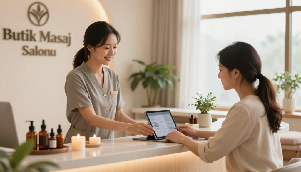 A serene spa environment showcasing the process of booking a massage appointment. In the foreground, a welcoming reception desk with a friendly professional, dressed in smart casual attire, assisting a client. The client appears relaxed and curious, looking at information on a tablet. In the middle ground, elegantly arranged massage oils and calming decor set the ambiance. The background features soft lighting, with large windows that let in natural light, casting a warm glow. Adding to the atmosphere, gentle potted plants can be seen, promoting tranquility. The scene is labeled with the brand name "Butik Masaj Salonu" subtly in the decor, suggesting professionalism and comfort. The overall mood is inviting and calming, perfect for first-time visitors.