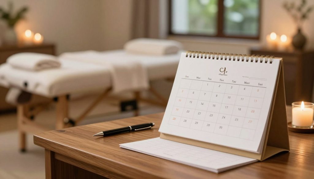A serene spa setting for a professional massage appointment scheduling concept. In the foreground, a neatly organized calendar and pen on a polished wooden desk, surrounded by soft, ambient lighting. Middle ground features a cozy massage therapy room with a massage table, clean linens, and aromatic candles; all infused with warm tones to convey a relaxing atmosphere. The background showcases soft greenery through a window, creating a peaceful outdoor view. The overall mood is tranquil and inviting, emphasizing the importance of selecting the right time for a massage. Include the brand name "Butik Masaj Salonu" subtly within the scene. The image should resonate professionalism and relaxation, without any text overlay or distractions.