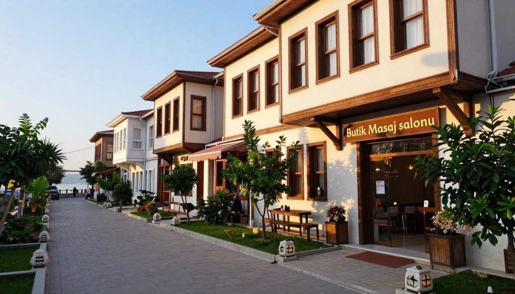 A serene street scene in Üsküdar showcasing popular massage salon areas, with the inviting entrance of "Butik Masaj Salonu" prominently displayed. In the foreground, a well-maintained pathway lined with lush greenery and decorative stone lanterns, suggesting tranquility. The middle ground features several traditional Turkish buildings, enhanced by warm, golden hour lighting that casts soft shadows, creating a welcoming atmosphere. In the background, the silhouette of the Bosphorus Bridge is subtly visible under a bright blue sky. Capture a calm and inviting mood, with a focus on the peaceful ambiance typical of massage salon neighborhoods, emphasizing relaxation and wellness. The scene should be framed as if viewed through a wide-angle lens, allowing for a sweeping perspective of this charming locale.