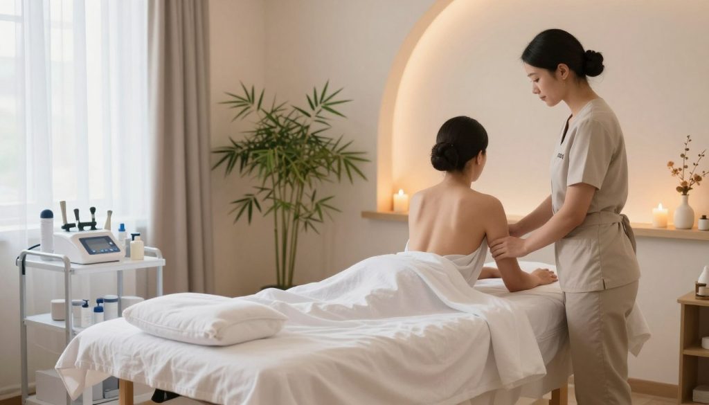 A serene wellness center atmosphere in Avrupa Yakası, featuring an elegant massage salon. In the foreground, a clean, organized treatment room with a soft massage table adorned with fresh, white linens. The middle ground includes soothing decor like bamboo plants and flickering candles, creating a tranquil ambiance. In the background, gentle lighting highlights walls in soft pastel tones, enhancing the welcoming environment. The focus is on hygiene standards, showcasing items like sterilized equipment neatly arranged on a shelf. Characters in modest, professional attire prepare the space and attend to clients, reflecting care and cleanliness. The image exudes relaxation and professionalism, inviting viewers to consider important hygiene practices when choosing a massage salon. Bright, natural light filters in through large windows, creating a warm, inviting glow.