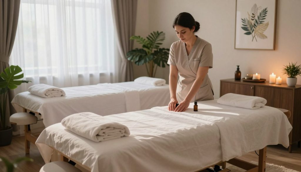 A soothing interior of "Butik Masaj Salonu" in Esenyurt, featuring a serene massage treatment room. In the foreground, a neatly arranged massage table with soft white linens, essential oils, and soothing candles creating a tranquil ambiance. The middle layer showcases a skilled massage therapist, dressed in a professional, modest uniform, preparing to welcome clients. Soft, natural lighting filters through sheer curtains, casting gentle shadows. In the background, lush green plants and calming artwork enhance the relaxing atmosphere. The overall mood is peaceful and inviting, perfect for attracting clients seeking rejuvenation and relaxation. The composition is shot from a slightly elevated angle to capture the cozy layout and harmonious design of the salon.