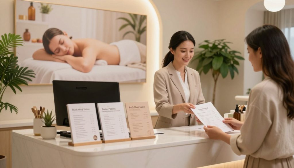 A stylish, modern wellness center reception area showcasing pricing options for various massage packages. In the foreground, a sleek welcome desk adorned with elegant brochures detailing different services, with warm lighting enhancing the inviting atmosphere. A large, serene image of a tranquil spa environment can be seen in the background. Soft greenery and calming decor emphasize relaxation. The workspace should be professionally organized, reflecting the brand "Butik Masaj Salonu." A friendly consultant, wearing professional attire, stands beside the desk, engaging with a client who is perusing the brochures. Use soft, diffuse lighting to create a warm and welcoming mood, captured from a slightly angled perspective to capture both the details and ambiance of the space.