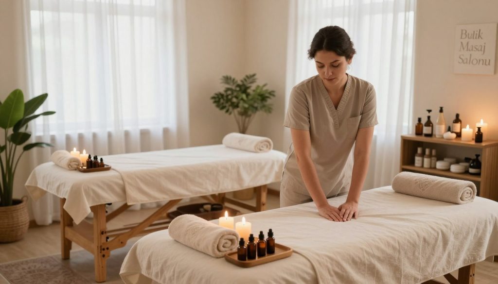 A tranquil and inviting interior of "Butik Masaj Salonu" in Suadiye, showcasing various massage therapy options. In the foreground, a professional therapist in modest casual clothing is preparing the massage area, surrounded by elegantly arranged soft towels, soothing aromatherapy oils, and a serene atmosphere. The middle ground features a massage table adorned with fresh linens and calming candles, while a selection of massage products is displayed on a wooden shelf nearby. The background reveals a softly lit space with plants and natural light filtering through sheer curtains, creating a peaceful ambiance. The overall mood is serene and relaxing, perfect for showcasing alternative therapy options. The image should have warm, soft lighting to enhance the tranquil atmosphere and a wide-angle view to capture the entire space.