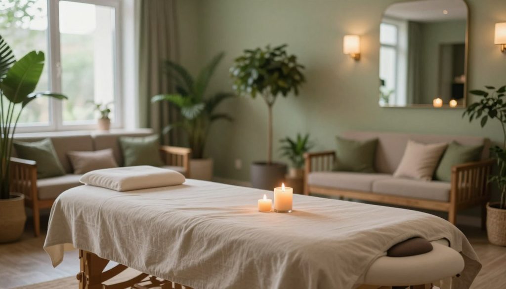 A tranquil interior of a wellness center in Ataşehir, showcasing a soothing atmosphere. In the foreground, a comfortable massage table with soft, neutral linens, adorned with a few aromatherapy candles providing a warm, flickering glow. In the middle, a serene waiting area featuring elegant wooden seating and indoor plants that bring a touch of nature inside. The background reveals softly lit rooms with lush, ambient lighting, reflecting a calming color palette of soft greens and earth tones. Large windows allow natural light to filter in, enhancing the peaceful vibe. The entire scene should evoke relaxation and professionalism, designed for a refined wellness experience. No people are included in the scene, focusing solely on creating an inviting ambiance.