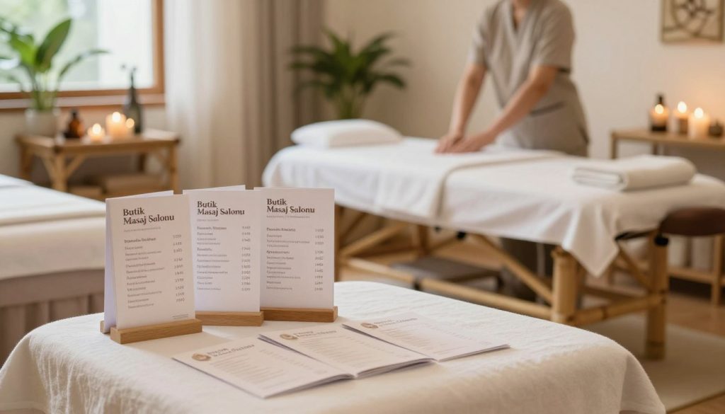 A tranquil spa setting representing "Butik Masaj Salonu," showcasing various massage therapy price packages. In the foreground, a neatly arranged table with elegant brochures displaying different pricing options for relaxation massage services. The middle ground features a serene massage room with soft, warm lighting that highlights bamboo furniture and calming decor. The background includes lush indoor plants and aromatherapy candles, contributing to a soothing atmosphere. A professional therapist in modest casual attire is preparing the room, embodying a welcoming vibe. Use a soft focus lens effect to enhance the calming feel, with natural light streaming through a window to create a peaceful ambiance.