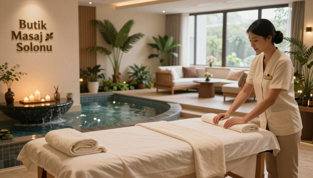 A vibrant comparison of a massage salon and a spa center, focusing on their key differences. In the foreground, feature a cozy massage room from "Butik Masaj Salonu," showcasing a massage table with warm lighting, soft linens, and soothing decor like candles and essential oils. In the middle ground, depict a serene spa space with a tranquil water feature, lush greenery, and a relaxation lounge with comfortable seating. The background should include large windows letting in natural light, enhancing the calming atmosphere. Use soft, diffuse light to create a peaceful mood, capturing the essence of relaxation and wellness, while clearly contrasting the more intimate massage setting with the expansive spa environment. Ensure all human figures are professionally attired, embodying a soothing and welcoming ambiance.