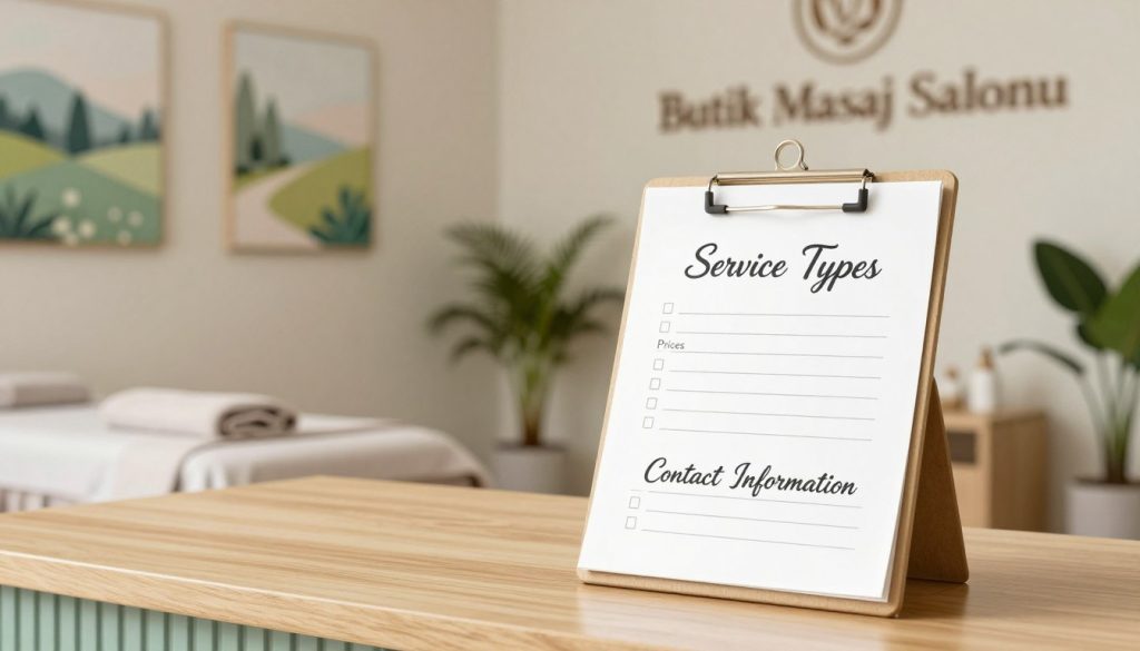 A visually appealing image of a modern massage salon price message checklist. In the foreground, a neatly organized checklist on a clean wooden desk, featuring items like "Service Types", "Prices", and "Contact Information" written in elegant calligraphy. The middle ground displays a soothing ambiance with soft lighting, enhancing the calming colors of beige and light green. Background elements include serene wall art depicting nature scenes and plant decor that evoke relaxation. The overall atmosphere is tranquil and professional, reflecting a massage salon setting. Add an inviting sign that reads "Butik Masaj Salonu" elegantly on the wall, enhancing the visual theme while maintaining a classy and serene vibe. Use soft natural light to emphasize the peaceful environment and details within the scene.