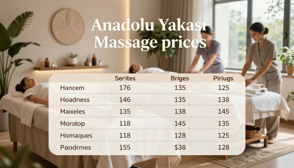 A visually compelling comparison chart showcasing "Anadolu Yakası massage prices" set within a serene spa ambiance. In the foreground, prominently feature a neatly organized table displaying various massage types and their corresponding prices, with soft lighting highlighting the details. The middle ground should include a calming, stylish massage room with elegant decor, lush plants, and soothing colors, suggesting relaxation and tranquility. In the background, soft-focus images of clients receiving massages in professional attire, ensuring a sense of professionalism and peace, can enhance the atmosphere. Natural light streams through large windows, casting gentle shadows to create a warm and inviting mood. The overall composition should convey a balance of professionalism, tranquility, and clarity, inviting readers to understand pricing in the context of wellness.