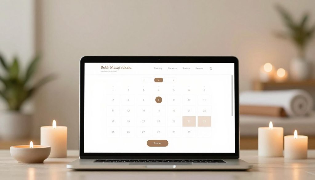 An online massage appointment booking system interface designed for "Butik Masaj Salonu". The foreground features a sleek, user-friendly website layout displayed on a laptop, showcasing a calendar and appointment slots highlighted for easy navigation. In the middle ground, there are a few decorative elements representing relaxation and wellness, such as soft candles and a serene plant. The background presents a calming spa-like environment, with light colors and soft textures, suggesting tranquility. The overall lighting is warm and inviting, creating an atmosphere of relaxation. The image should have a professional composition with a shallow depth of field to emphasize the booking system, ensuring no human subjects are present.