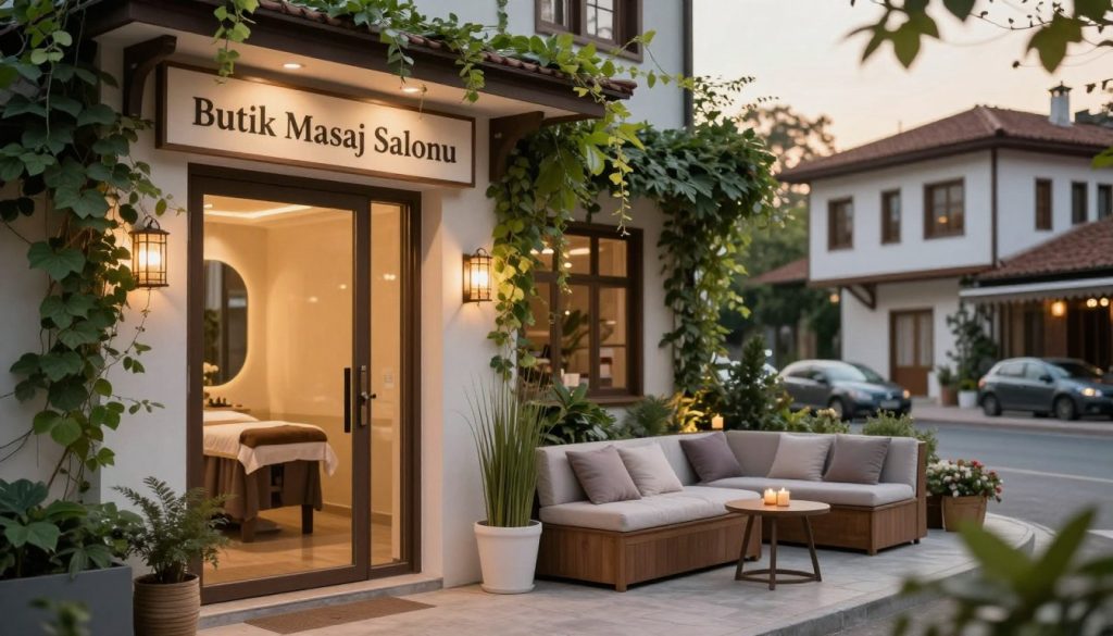 Create a serene and inviting image of a massage salon's exterior, designed to evoke relaxation and tranquility. In the foreground, feature the elegant entrance of "Butik Masaj Salonu," showcasing a stylish door and welcoming decor, framed by lush greenery. The middle ground should display comfortable seating areas with soft cushions, and subtle hints of spa elements like bamboo and aromatic candles. In the background, illustrate a peaceful neighborhood setting typical of Kağıthane, with soft, warm lighting that suggests a late afternoon ambiance. Ensure a gentle focus with a slight bokeh effect to create a calming atmosphere, inviting viewers to explore nearby massage alternatives. Aim for a balanced composition that reflects professionalism and a sense of well-being.