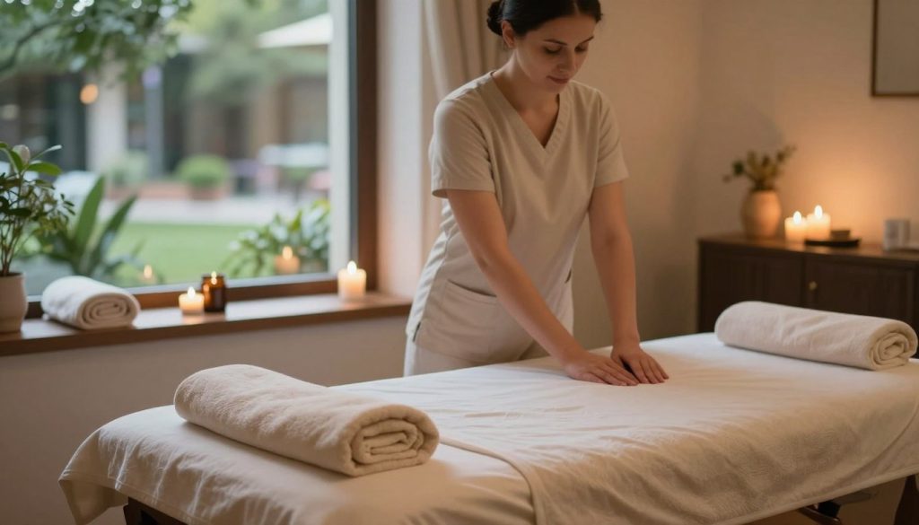 Create a serene and inviting image that highlights the relaxing atmosphere of "Butik Masaj Salonu" in Şirinevler. In the foreground, depict a softly lit massage room with an elegantly made massage table adorned with fresh, soft towels and calming aromatherapy candles. In the middle, include a professional massage therapist in modest casual attire preparing for a session, exuding a sense of tranquility and expertise. In the background, illustrate a peaceful window that reveals a glimpse of a lush garden or a quiet street, enhancing the feeling of relaxation. The overall mood should be calming and comforting, with soft, warm lighting that promotes a sense of well-being. Ensure no text or branding elements appear in the image.