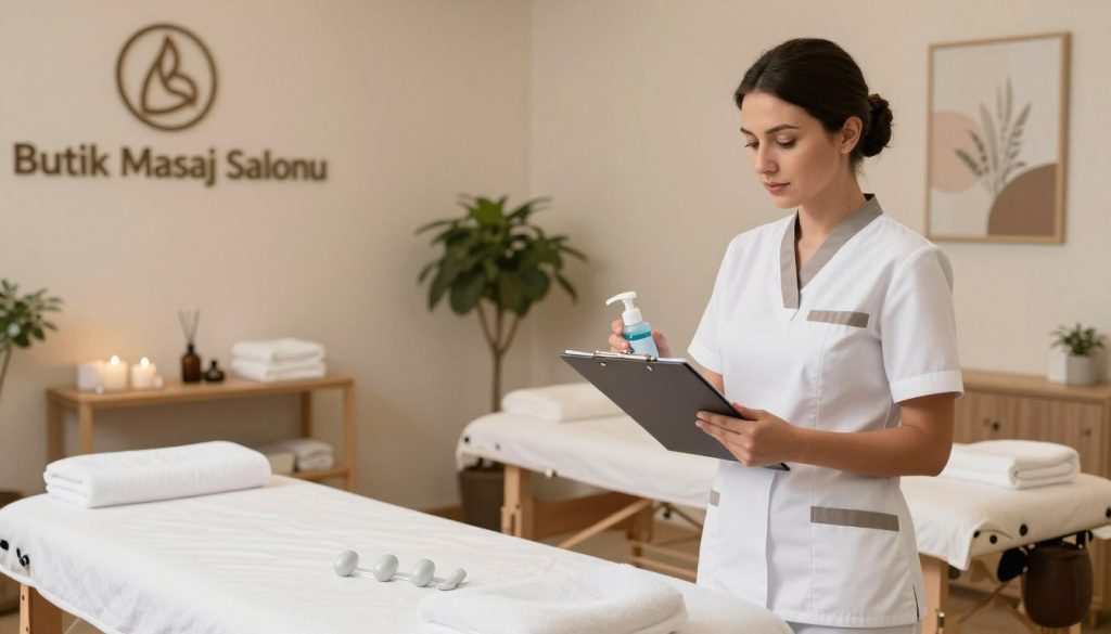 A clean and inviting massage salon environment showcasing the importance of hygiene controls. In the foreground, a professional-looking staff member in a crisp uniform holds a clipboard, inspecting sanitization supplies and equipment, conveying diligence and care. The middle ground features a neatly arranged treatment room with fresh towels, sanitized tools, and a comfortable massage table, emphasizing cleanliness. In the background, soft ambient lighting enhances the calm atmosphere, with plants and calming artwork adorning the walls, symbolizing relaxation and professionalism. The brand name "Butik Masaj Salonu" is subtly integrated into the setting, perhaps on a sign or decorative element. The overall mood is serene and trustworthy, reflecting the standards of hygiene in wellness practices.