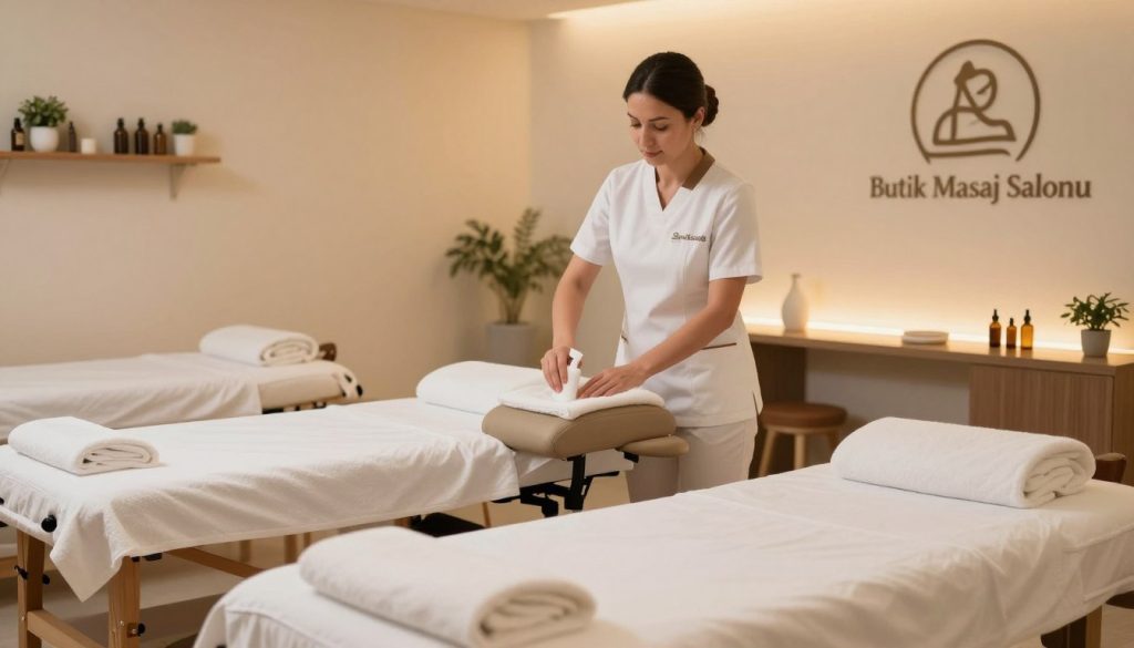 A clean and professional massage salon, showcasing high hygiene standards. In the foreground, neatly arranged massage tables with fresh linens and essential oils. In the middle, a well-dressed staff member, wearing a clean uniform, is meticulously cleaning a massage chair with sanitizing wipes. The walls are adorned with serene spa decor, emphasizing calmness. In the background, soft ambient lighting casts a warm glow, highlighting the overall cleanliness of the space. A logo reading "Butik Masaj Salonu" is subtly visible on the wall, enhancing the brand's identity. The atmosphere is serene and inviting, promoting a sense of tranquility and professionalism in the wellness environment.