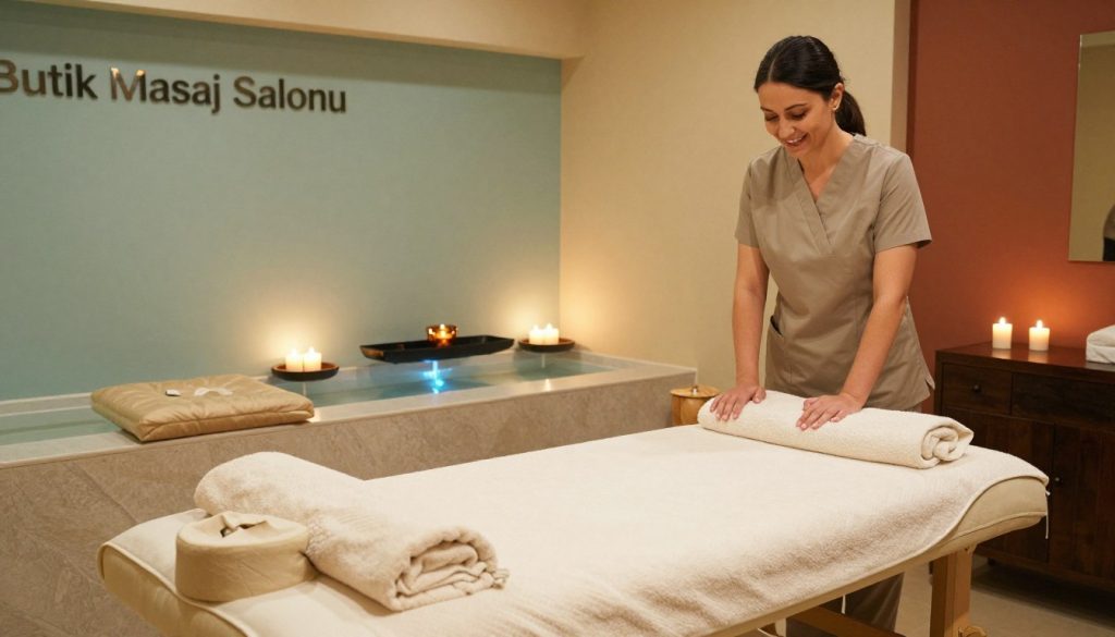 A cozy and inviting interior of a massage salon, showcasing "Butik Masaj Salonu." In the foreground, a neatly arranged massage table with luxurious towels and soft cushions, conveying a sense of comfort. On one side, a professional therapist in modest casual clothing prepares the room, radiating a friendly demeanor. The middle layer includes a calming water feature and aromatic candles, creating a tranquil atmosphere. The background reveals a glimpse of well-decorated walls with soothing colors, complemented by warm, ambient lighting that enhances the relaxation vibe. The overall mood is serene and professional, emphasizing a welcoming environment for potential clients seeking wellness and relaxation services. The image captures the essence of choosing the right massage salon in Şişli, Beşiktaş, and Kağıthane.