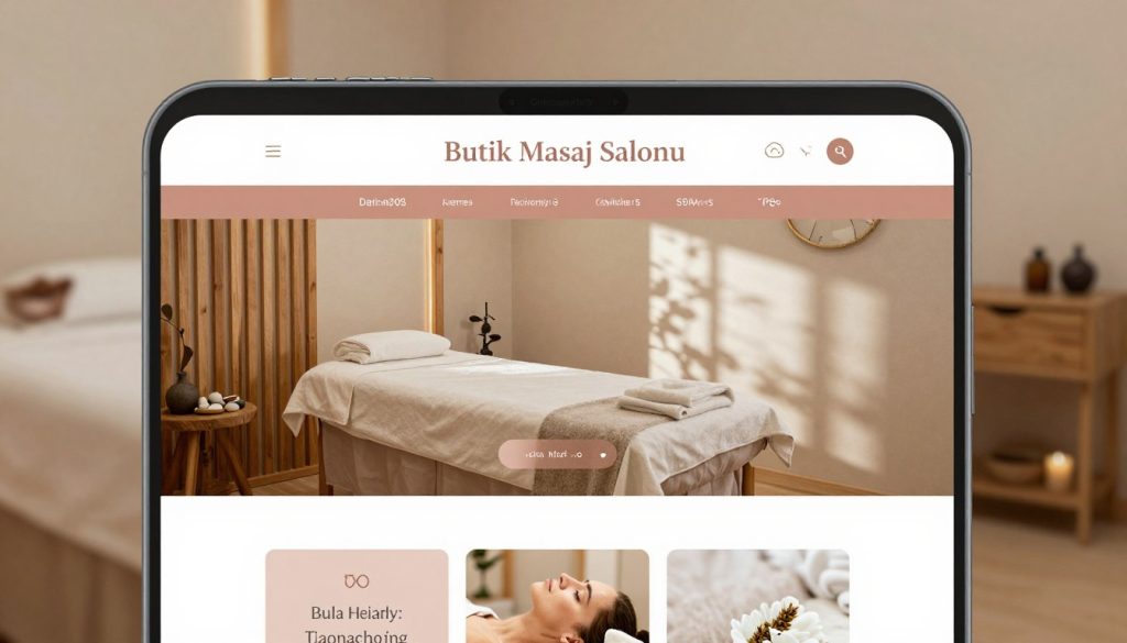 A mobile-friendly web design for a massage salon named "Butik Masaj Salonu". In the foreground, display a smartphone showing an elegant, user-friendly interface with soft pastel colors and clear navigation buttons, emphasizing ease of use. In the middle, depict a cozy, inviting massage therapy room, with natural wood accents and serene lighting that creates a calming atmosphere. The background should feature a blurred image of a tranquil spa environment, hinting at relaxation and wellness. Soft light should filter through the room, casting gentle shadows, enhancing the peaceful mood. The overall composition should evoke a sense of professionalism, warmth, and accessibility, focusing on the user experience in the design.