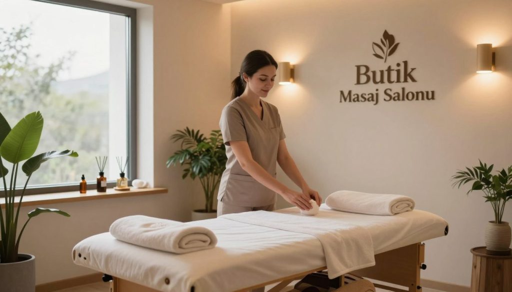 A modern therapy room in a nearby massage salon, showcasing its advantages. The foreground features a comfortable massage table with soft towels, surrounded by calming decor like plants and essential oil diffusers. In the middle, a therapist in professional attire prepares the space, embodying a serene and inviting atmosphere. The background reveals warm, ambient lighting from wall sconces and a large window allowing natural light to flow in, enhancing the tranquility of the room. The color palette includes soothing earth tones, creating an ambiance of relaxation. Incorporate branding elements subtly displayed, with the name "Butik Masaj Salonu" elegantly featured within the environment, emphasizing local massage salon benefits without any text overlays. The overall mood is peaceful and welcoming, ideal for encouraging wellness and relaxation.